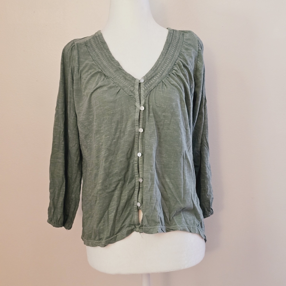 Lucky Brand Green Embroidered Peasant Button Down Shirt